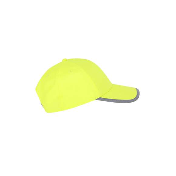 Gorra infantil deportiva en suave poliéster de diseño bicolor en amarillo fluorescente con reflectante perfil en la visera y en cierre. Cierre de velcro y orificios de ventilación bordados.