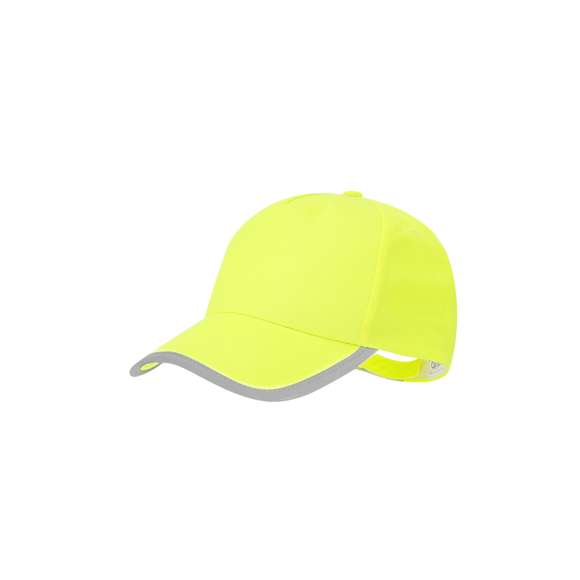 Gorra infantil deportiva en suave poliéster de diseño bicolor en amarillo fluorescente con reflectante perfil en la visera y en cierre. Cierre de velcro y orificios de ventilación bordados.