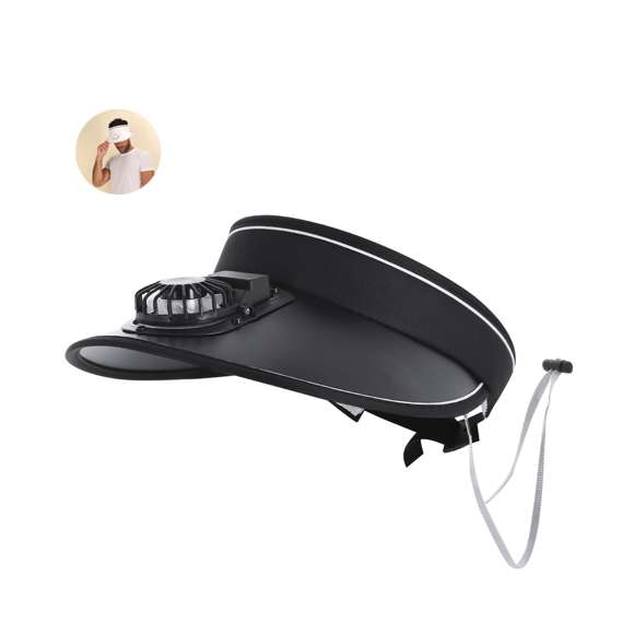 Visera con Ventilador Recargable y Ajustable. Incorpora un ventilador integrado en la visera, con 3 velocidades ajustables y posición orientable, proporcionando una ventilación personalizada y efectiva. Con interior acolchado para mayor confort, cinta elástica ajustable y cierre fabricado en PP que garantiza un ajuste perfecto. Incluye cordón de transporte con accesorio de ajuste para facilitar su uso y transporte y batería recargable con micro USB de 150 mAh.
