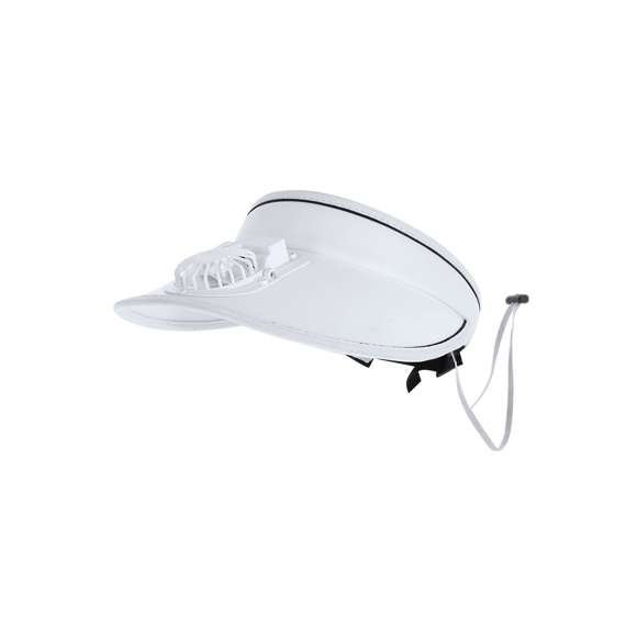 Visera con Ventilador Recargable y Ajustable. Incorpora un ventilador integrado en la visera, con 3 velocidades ajustables y posición orientable, proporcionando una ventilación personalizada y efectiva. Con interior acolchado para mayor confort, cinta elástica ajustable y cierre fabricado en PP que garantiza un ajuste perfecto. Incluye cordón de transporte con accesorio de ajuste para facilitar su uso y transporte y batería recargable con micro USB de 150 mAh.