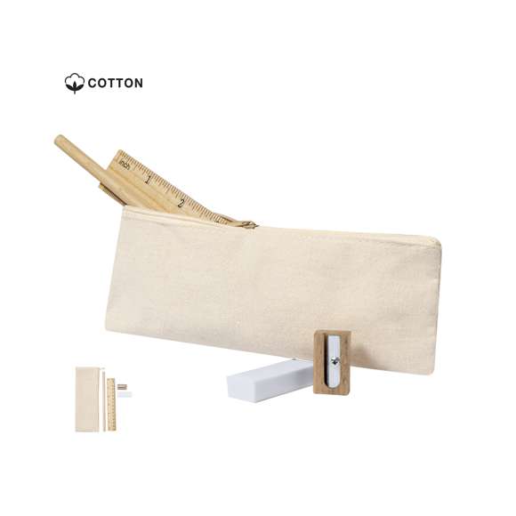Set de 4 piezas presentado en estuche de algodón con cierre de cremallera. Incluye:- Lápiz de madera con cuerpo redondo de acabado natural y mina negra- Regla de 15cm con sistema métrico en centímetros/pulgadas- Goma de borrar- Sacapuntas