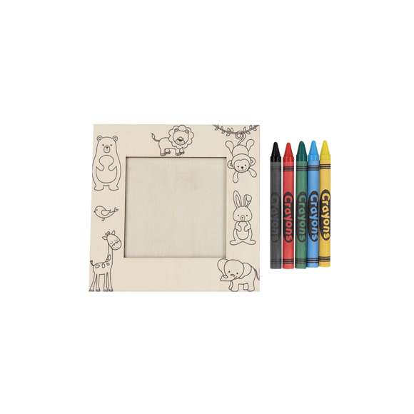 Marco de fotos fabricado en madera natural con diseño de animales. Incluye ceras de colores para personalizar y decorar el marco. Diseñado para fotografías de 7,5x7,5 cm. Cuenta con práctico soporte trasero de bisagra.