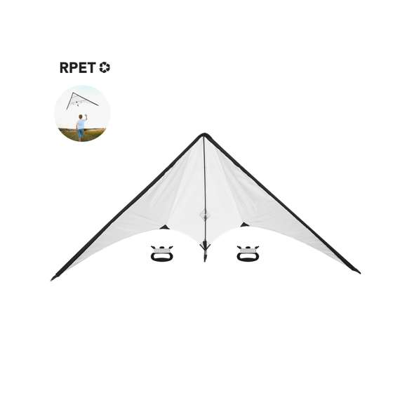 Cometa con diseño Delta fabricada en resistente poliéster RPET Ripstop 210T. Con estructura de fibra de vidrio  que aporta estabilidad y facilidad de montaje. Incluye 2 asas de plástico con hilo para un manejo versátil y un control preciso durante el vuelo. Incluye práctica funda RPET de transporte con asa, perfecta para llevarla cómodamente a cualquier lugar. El material RPET se elabora a partir de plástico reciclado, para así fomentar la reutilización de residuos plásticos y ayudar a la sostenibilidad del planeta.