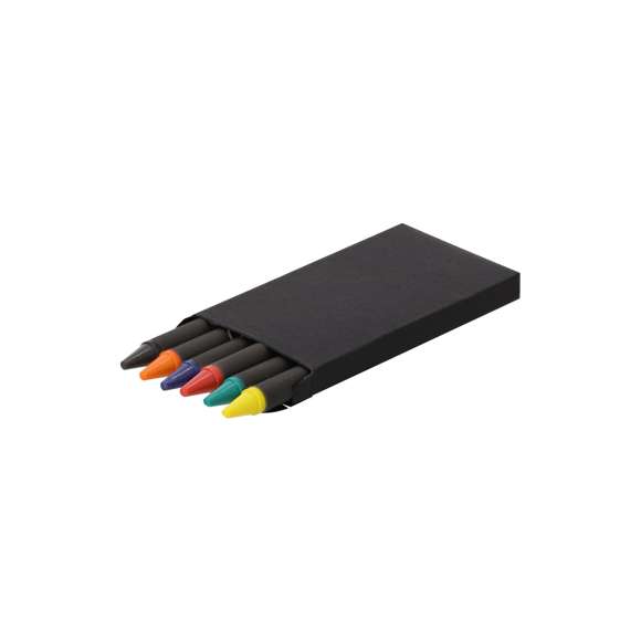 Set de 6 ceras en caja de cartón reciclado de color negro.El Cartón Reciclado proviene del reaprovechamiento de excedente de fabricaciones y reciclaje de papel en el final de su vida útil, convirtiéndose en un lienzo ecológico y sostenible.