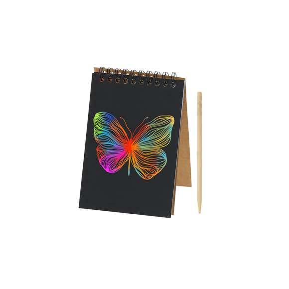 Libreta tipo anillas tamaño A6, con hojas negras mate a una cara ideales para raspar y descubrir colores vibrantes.Incluye 8 hojas, rascador fabricado con una forma compacta y ergonómica para un agarre cómodo que permite dibujar en la superficie negra revelando una gama multicolor vibrante debajo. El Cartón Reciclado proviene del reaprovechamiento de excedente de fabricaciones y reciclaje de papel en el final de su vida útil, convirtiéndose en un lienzo ecológico y sostenible.