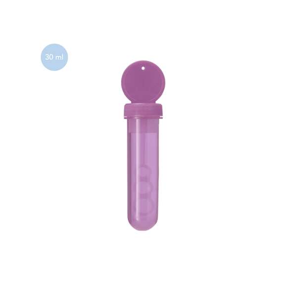 Pompero con aplicador especial que permite crear pompas en 3 tamaños. Líquido incluido (30 ml). Con tapadera de color sólido y cuerpo translúcido.