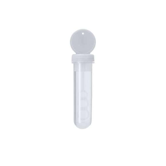 Pompero con aplicador especial que permite crear pompas en 3 tamaños. Líquido incluido (30 ml). Con tapadera de color sólido y cuerpo translúcido.