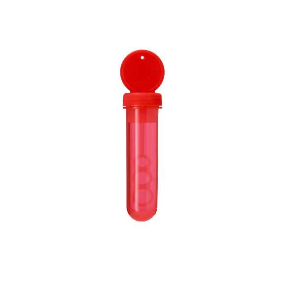 Pompero con aplicador especial que permite crear pompas en 3 tamaños. Líquido incluido (30 ml). Con tapadera de color sólido y cuerpo translúcido.
