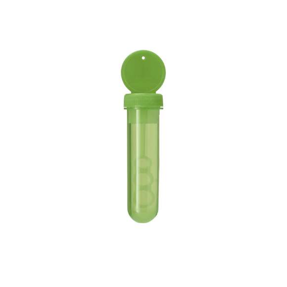 Pompero con aplicador especial que permite crear pompas en 3 tamaños. Líquido incluido (30 ml). Con tapadera de color sólido y cuerpo translúcido.