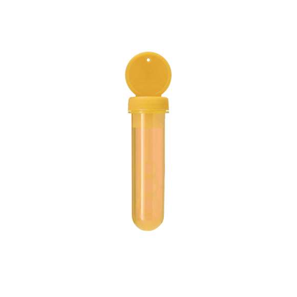 Pompero con aplicador especial que permite crear pompas en 3 tamaños. Líquido incluido (30 ml). Con tapadera de color sólido y cuerpo translúcido.
