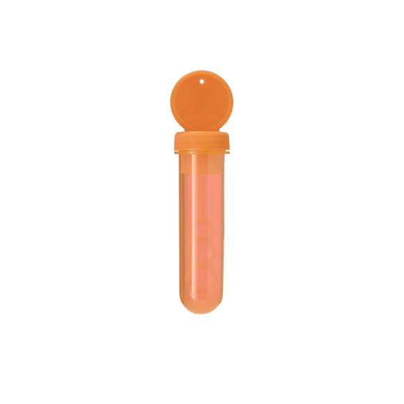 Pompero con aplicador especial que permite crear pompas en 3 tamaños. Líquido incluido (30 ml). Con tapadera de color sólido y cuerpo translúcido.