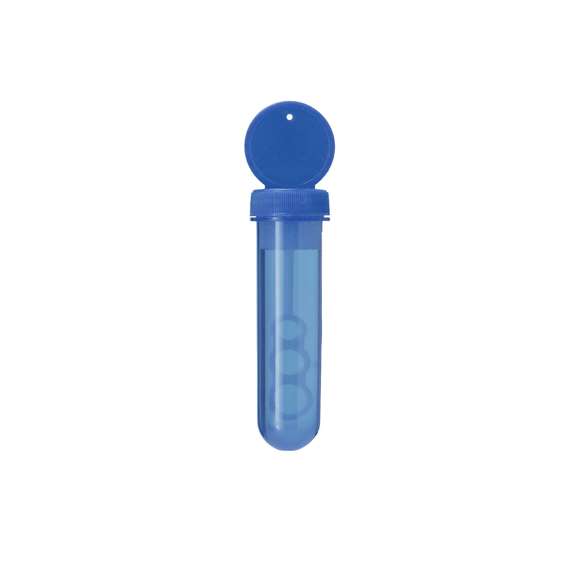 Pompero con aplicador especial que permite crear pompas en 3 tamaños. Líquido incluido (30 ml). Con tapadera de color sólido y cuerpo translúcido.
