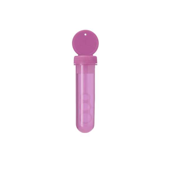 Pompero con aplicador especial que permite crear pompas en 3 tamaños. Líquido incluido (30 ml). Con tapadera de color sólido y cuerpo translúcido.