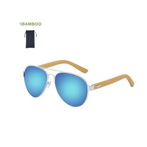 Gafas de sol con protección UV400.Con varillas de bambú natural y montura  en resistente metal. Lentes con acabado espejo y protección UV400.Se presentan en una funda individual.Materiales como el bambú fomentan la utilización de materias primas naturales, reduciendo las emisiones contaminantes. Proviene de una planta de gran resistencia y versatilidad, con crecimiento y regeneración rápidos, siendo una excelente alternativa al uso de madera tradicional.