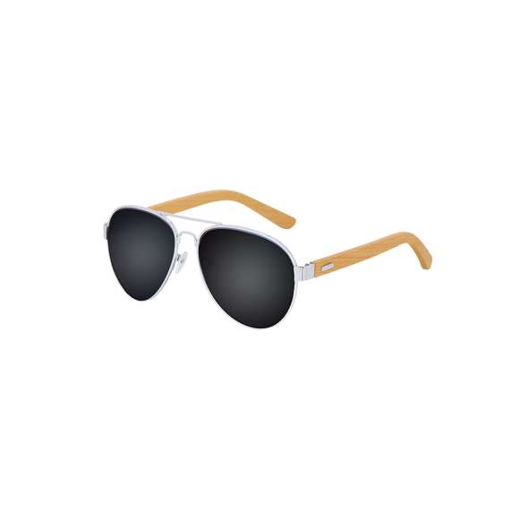 Gafas de sol con protección UV400.Con varillas de bambú natural y montura  en resistente metal. Lentes con acabado espejo y protección UV400.Se presentan en una funda individual.Materiales como el bambú fomentan la utilización de materias primas naturales, reduciendo las emisiones contaminantes. Proviene de una planta de gran resistencia y versatilidad, con crecimiento y regeneración rápidos, siendo una excelente alternativa al uso de madera tradicional.