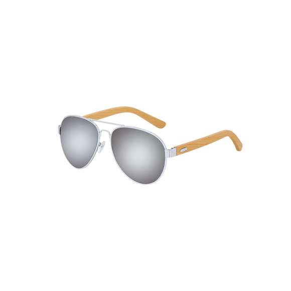 Gafas de sol con protección UV400.Con varillas de bambú natural y montura  en resistente metal. Lentes con acabado espejo y protección UV400.Se presentan en una funda individual.Materiales como el bambú fomentan la utilización de materias primas naturales, reduciendo las emisiones contaminantes. Proviene de una planta de gran resistencia y versatilidad, con crecimiento y regeneración rápidos, siendo una excelente alternativa al uso de madera tradicional.