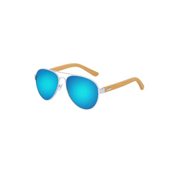 Gafas de sol con protección UV400.Con varillas de bambú natural y montura  en resistente metal. Lentes con acabado espejo y protección UV400.Se presentan en una funda individual.Materiales como el bambú fomentan la utilización de materias primas naturales, reduciendo las emisiones contaminantes. Proviene de una planta de gran resistencia y versatilidad, con crecimiento y regeneración rápidos, siendo una excelente alternativa al uso de madera tradicional.