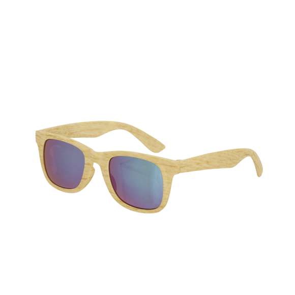 Gafas de sol con una montura en estilo madera. Con lentes efecto espejo en color verde y protección UV400.