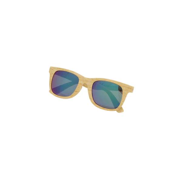 Gafas de sol con una montura en estilo madera. Con lentes efecto espejo en color verde y protección UV400.