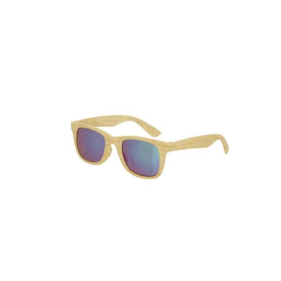 Gafas de sol con una montura en estilo madera. Con lentes efecto espejo en color verde y protección UV400.