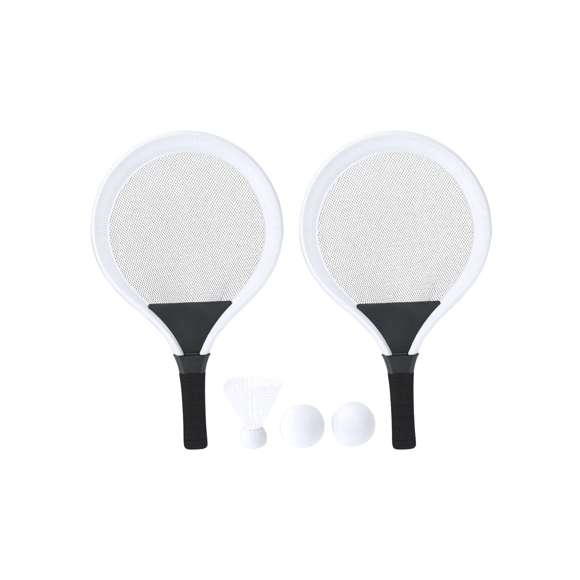 Set de juegos con raquetas. Incluye:- 2 raquetas con mango ergonómico y bordes acolchados, diseñadas para un agarre cómodo y seguro durante el juego.- 2 pelotas a juego, fabricadas en material EVA.- 1 pluma.Ideal para disfrutar al aire libre, ya sea en la playa, en el parque o en el jardín.