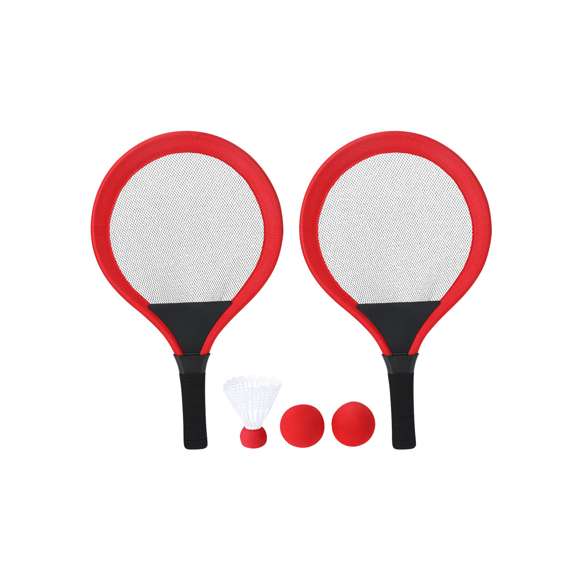 Set de juegos con raquetas. Incluye:- 2 raquetas con mango ergonómico y bordes acolchados, diseñadas para un agarre cómodo y seguro durante el juego.- 2 pelotas a juego, fabricadas en material EVA.- 1 pluma.Ideal para disfrutar al aire libre, ya sea en la playa, en el parque o en el jardín.