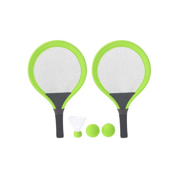 Set de juegos con raquetas. Incluye:- 2 raquetas con mango ergonómico y bordes acolchados, diseñadas para un agarre cómodo y seguro durante el juego.- 2 pelotas a juego, fabricadas en material EVA.- 1 pluma.Ideal para disfrutar al aire libre, ya sea en la playa, en el parque o en el jardín.