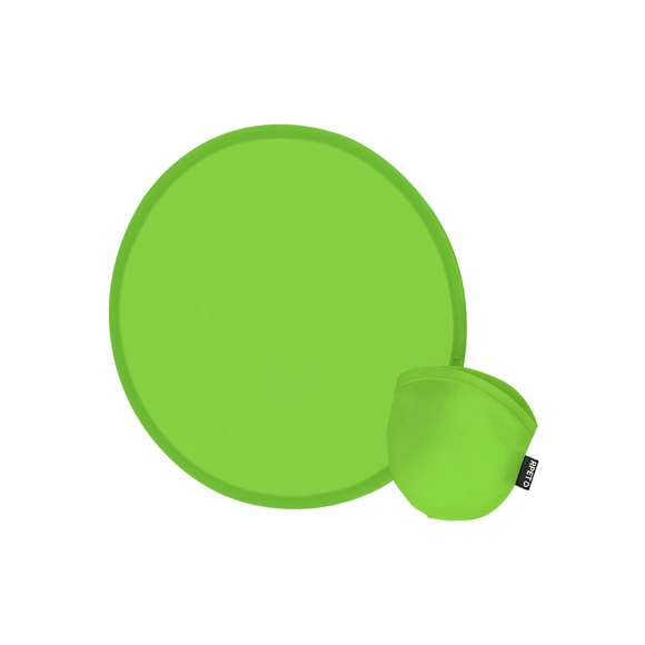 Frisbee plegable fabricado en RPET 190T,. Con funda individual a juego y sencillo sistema de plegado para tamaño compacto.El material RPET se elabora a partir de plástico reciclado, para así fomentar la reutilización de residuos plásticos y ayudar a la sostenibilidad del planeta.