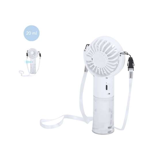 Ventilador con Vaporizador integrado. Dispone de cuatro velocidades ajustables, controladas mediante un práctico botón lateral de encendido y apagado. Incluye sistema de vaporización en forma de bruma, fácilmente activable desde el lateral.Cuenta con un depósito de 20 ml integrado en el mango, ideal para rellenar con agua. Su versatil diseño, permite orientar la cabeza del ventilador para dirigir el aire según tus necesidades, ya sea colocado sobre superficies planas o transportándolo cómodamente gracias al lanyard incluido.Con una batería de 800 mAh, compatible con conexiones USB Tipo C -cable incluido-.