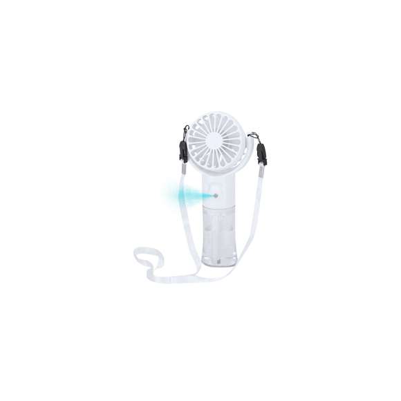 Ventilador con Vaporizador integrado. Dispone de cuatro velocidades ajustables, controladas mediante un práctico botón lateral de encendido y apagado. Incluye sistema de vaporización en forma de bruma, fácilmente activable desde el lateral.Cuenta con un depósito de 20 ml integrado en el mango, ideal para rellenar con agua. Su versatil diseño, permite orientar la cabeza del ventilador para dirigir el aire según tus necesidades, ya sea colocado sobre superficies planas o transportándolo cómodamente gracias al lanyard incluido.Con una batería de 800 mAh, compatible con conexiones USB Tipo C -cable incluido-.