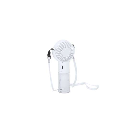 Ventilador con Vaporizador integrado. Dispone de cuatro velocidades ajustables, controladas mediante un práctico botón lateral de encendido y apagado. Incluye sistema de vaporización en forma de bruma, fácilmente activable desde el lateral.Cuenta con un depósito de 20 ml integrado en el mango, ideal para rellenar con agua. Su versatil diseño, permite orientar la cabeza del ventilador para dirigir el aire según tus necesidades, ya sea colocado sobre superficies planas o transportándolo cómodamente gracias al lanyard incluido.Con una batería de 800 mAh, compatible con conexiones USB Tipo C -cable incluido-.