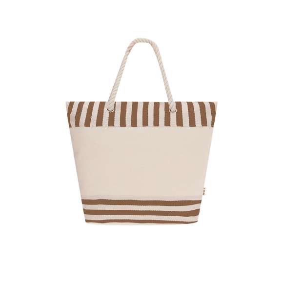 Bolsa térmica confeccionada en resistente material RPET con interior de aluminio, ideal para mantener la temperatura de alimentos y bebidas.Con un diseño a rayas naturales a juego con color. Incluye cierre de cremallera para mayor seguridad y asas largas de algodón en formato cuerda, reforzadas con resistentes argollas metálicas.