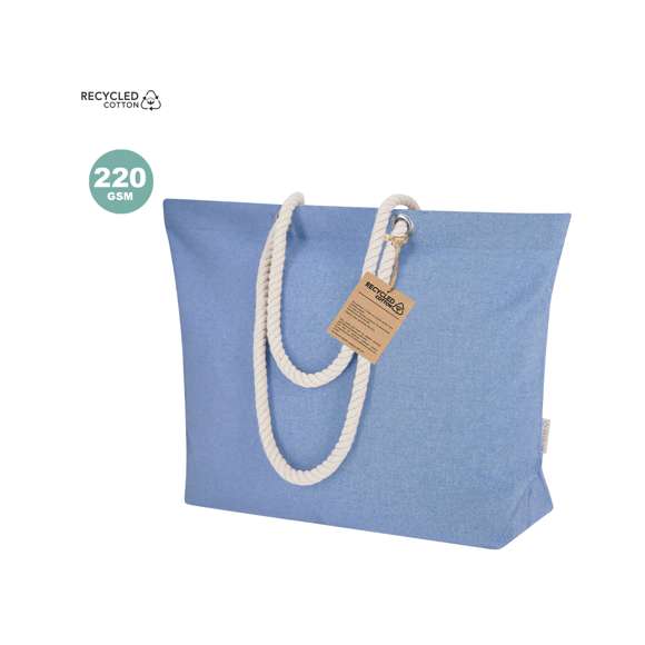 Bolsa confeccionada principalmente en Algodón Reciclado de 220g/m2. Con fuelle y asas largas de algodón en color natural y diseño trenzado. Incluye distintivo algodón reciclado.