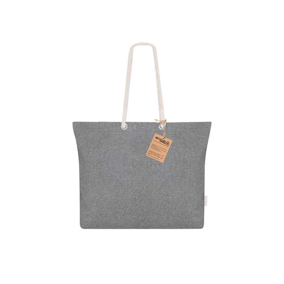 Bolsa confeccionada principalmente en Algodón Reciclado de 220g/m2. Con fuelle y asas largas de algodón en color natural y diseño trenzado. Incluye distintivo algodón reciclado.
