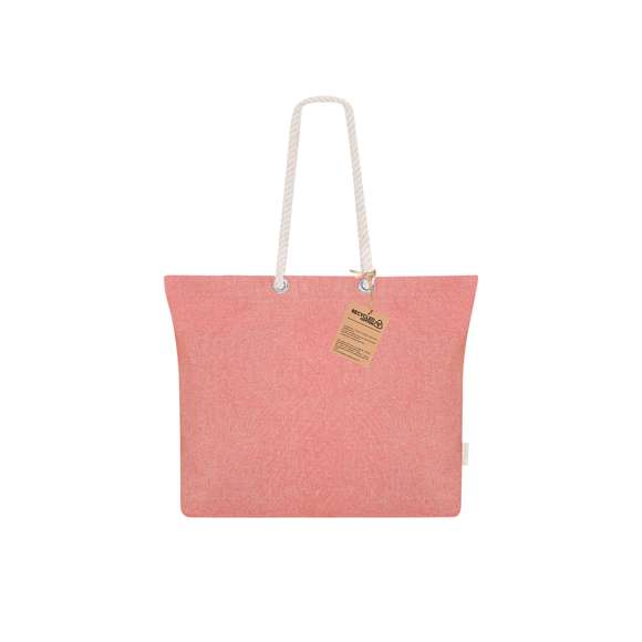 Bolsa confeccionada principalmente en Algodón Reciclado de 220g/m2. Con fuelle y asas largas de algodón en color natural y diseño trenzado. Incluye distintivo algodón reciclado.
