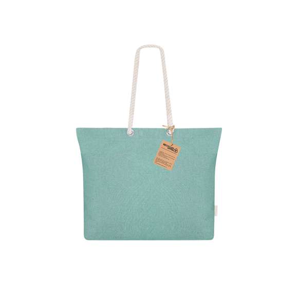 Bolsa confeccionada principalmente en Algodón Reciclado de 220g/m2. Con fuelle y asas largas de algodón en color natural y diseño trenzado. Incluye distintivo algodón reciclado.