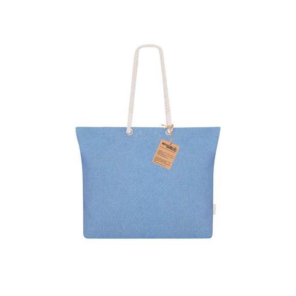 Bolsa confeccionada principalmente en Algodón Reciclado de 220g/m2. Con fuelle y asas largas de algodón en color natural y diseño trenzado. Incluye distintivo algodón reciclado.