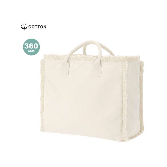 Bolsa con estilo flecos confeccionada principalmente en algodón de 360 g/m2. De práctico y moderno diseño, incorpora asas cortas reforzadas. Incluye cierre de cremallera para mayor seguridad y bolsillo interior con cremallera.