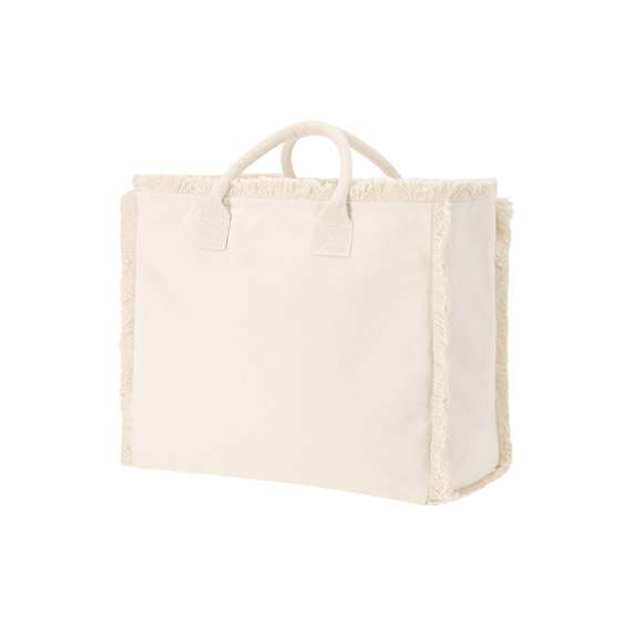 Bolsa con estilo flecos confeccionada principalmente en algodón de 360 g/m2. De práctico y moderno diseño, incorpora asas cortas reforzadas. Incluye cierre de cremallera para mayor seguridad y bolsillo interior con cremallera.