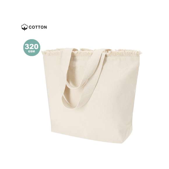 Bolsa con estilo flecos confeccionada principalmente en  algodón de 320 g/m2. De práctico y moderno diseño, incorpora asas largas reforzadas. Incluye cierre de cremallera para mayor seguridad.