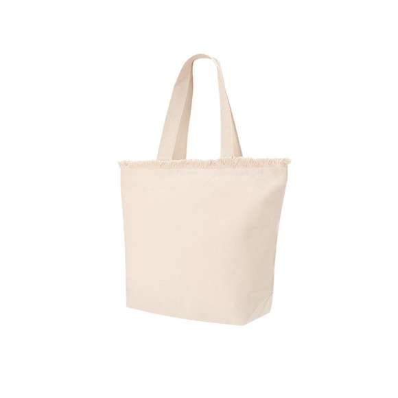 Bolsa con estilo flecos confeccionada principalmente en  algodón de 320 g/m2. De práctico y moderno diseño, incorpora asas largas reforzadas. Incluye cierre de cremallera para mayor seguridad.