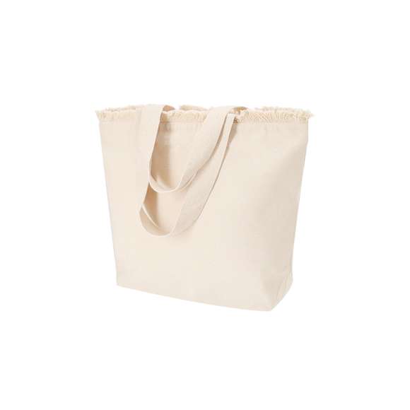 Bolsa con estilo flecos confeccionada principalmente en  algodón de 320 g/m2. De práctico y moderno diseño, incorpora asas largas reforzadas. Incluye cierre de cremallera para mayor seguridad.