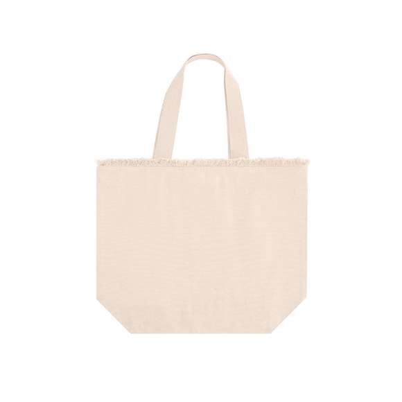 Bolsa con estilo flecos confeccionada principalmente en  algodón de 320 g/m2. De práctico y moderno diseño, incorpora asas largas reforzadas. Incluye cierre de cremallera para mayor seguridad.