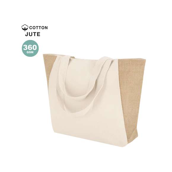 Bolsa confeccionada principalmente en algodón de 360 g/m2 y yute. Con asas de algodón largas reforzadas. Con fuelle en la base  y resistencia hasta 8kg de peso.