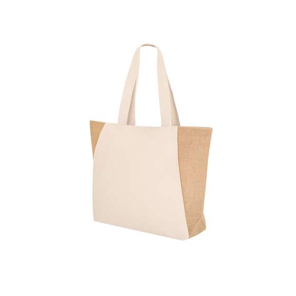 Bolsa confeccionada principalmente en algodón de 360 g/m2 y yute. Con asas de algodón largas reforzadas. Con fuelle en la base  y resistencia hasta 8kg de peso.