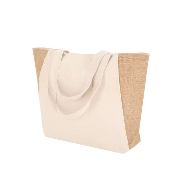 Bolsa confeccionada principalmente en algodón de 360 g/m2 y yute. Con asas de algodón largas reforzadas. Con fuelle en la base  y resistencia hasta 8kg de peso.