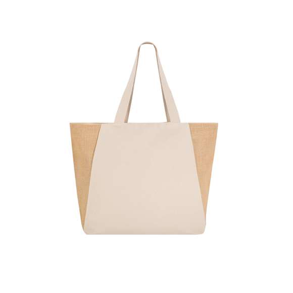 Bolsa confeccionada principalmente en algodón de 360 g/m2 y yute. Con asas de algodón largas reforzadas. Con fuelle en la base  y resistencia hasta 8kg de peso.