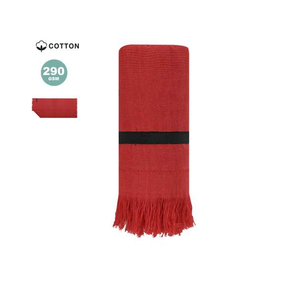 Suave toalla fabricada en algodón de 290g/m2. Su diseño se distingue por elegantes flecos en los extremos e incluye práctica cinta elástica que facilitan su transporte y almacenaje.