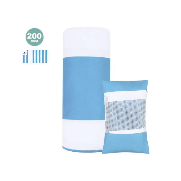 Toalla  con bolsillo impermeable y funda. Fabricada en suave poliéster de 200g/m2, incluye práctico bolsillo impermeable triangular en la esquina, con cierre de cremallera ideal para proteger tus pertenencias personales. Su diseño a rayas, se complementa con una funda con rejilla y cierre de cremallera.