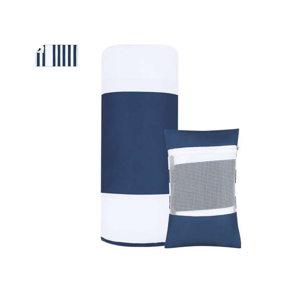 Toalla  con bolsillo impermeable y funda. Fabricada en suave poliéster de 200g/m2, incluye práctico bolsillo impermeable triangular en la esquina, con cierre de cremallera ideal para proteger tus pertenencias personales. Su diseño a rayas, se complementa con una funda con rejilla y cierre de cremallera.